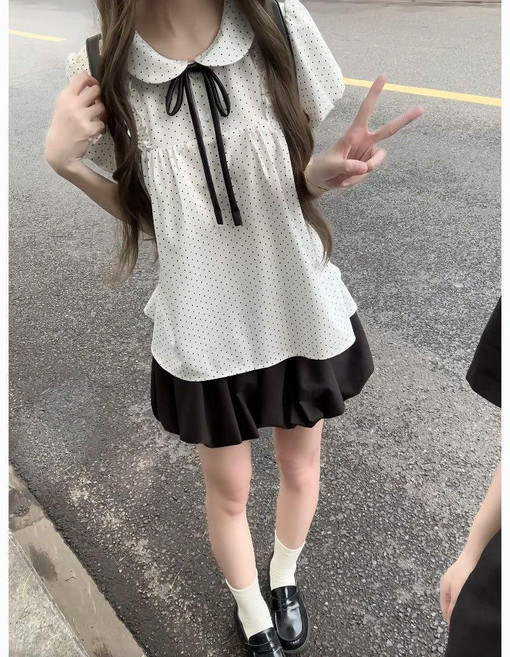 韓系甜美波點泡泡袖短袖上衣 蓬蓬花苞裙