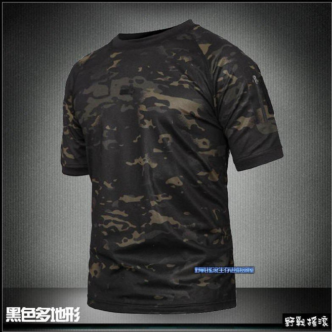 野戰搖滾 軍風短袖戰術T恤、速乾上衣 coolmax上衣 迷彩服 工作服, 黑色多地形迷彩,L