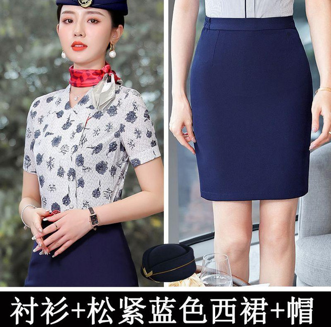 新品 空姐制服女夏季短袖職業襯衫印花工裝氣質襯衣空乘酒店前臺工作服 副廠商品