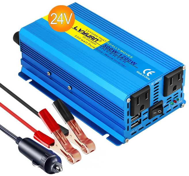 LVYUAN 1000와트 순수 사인파 파워 인버터 24V DC ~ 110V / 120V AC 컨버터 2개의 소켓 및 USB 포트 RV 트럭 로드 트립 비상용 차량용 가족, 500-24V, Blue