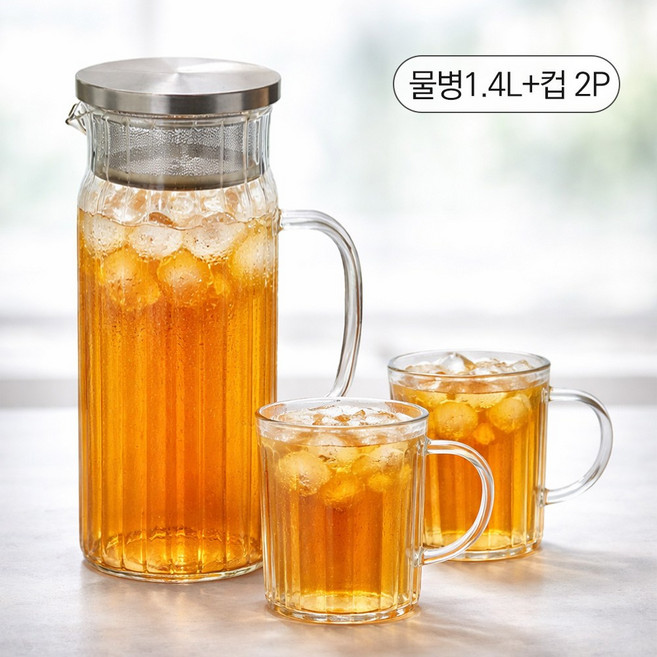 옵티머스 스텐 304 뚜껑 내열유리 물병 + 유리컵 2p 세트, 1세트, 1400ml, 투명