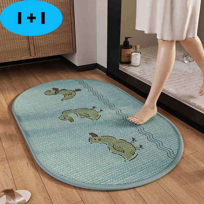 1+1욕실규조토발매트샤워 오리 린넨 클레이 욕실 매트, 해피 오리-타원-그린50cm*80cm, 2개