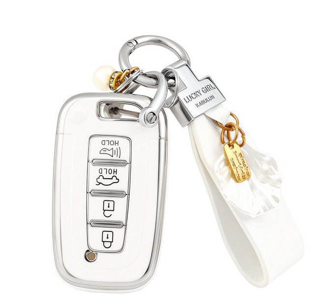 OFFCURVE 현대 스마트키 케이스 호환 아반떼 투싼 코나 4버튼 TPU 엣지라인 키커버, 실버+가죽 로프