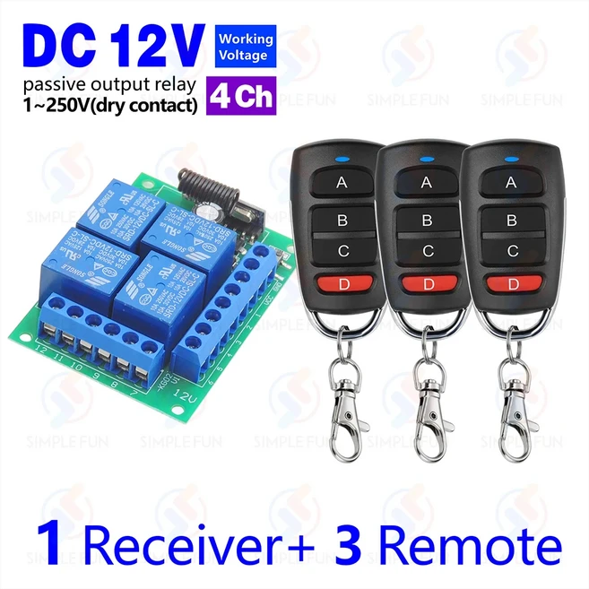 433Mhz 범용 무선 원격 제어 전등 스위치 DC 12V 4CH RF 릴레이 수신기 60m 범위 조명/차고 문/LED DIY, 09 1 Receiver 3 Remote