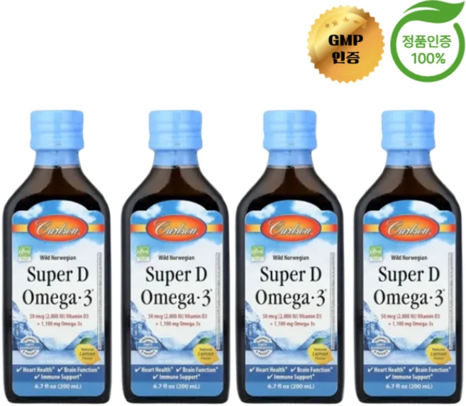 2+2 칼슨 야생 노르웨이산 오매가3 슈퍼 비타D 오메가3 천연 레몬 200ml, 4개 - 쿠팡