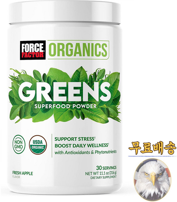 미국산 포스팩터 그린 슈퍼푸드 파우더 사과맛 316g 밀싹 스피루리나 클로렐라 Force Factor Greens Superfood Powder 선물증정, 1개