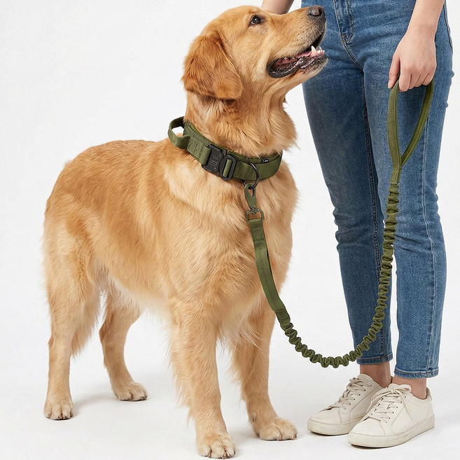 푸키 강아지 중형견 대형견 택티컬 세이프락 목줄 리드줄 세트, 1개, 카키