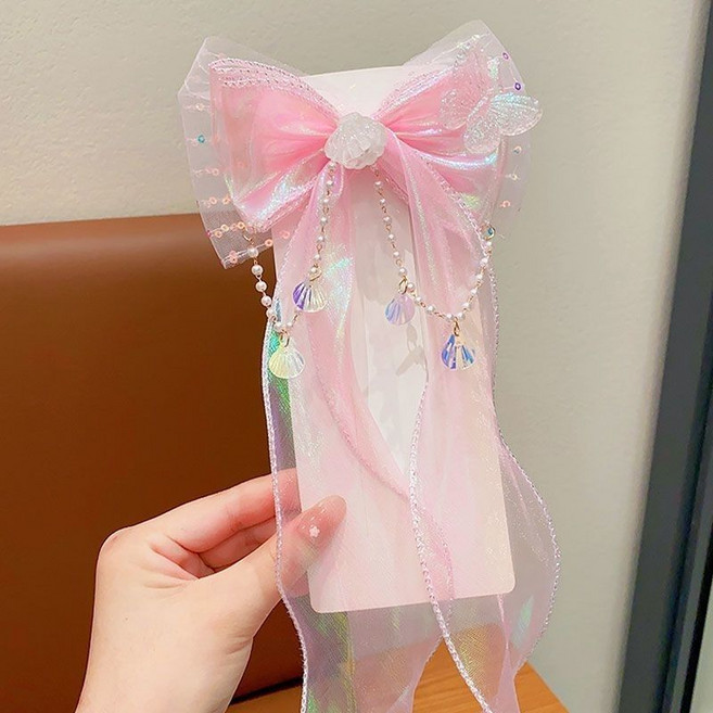 은꽃밴드 긴꼬리 리본 진주 테일핀 유아 머리핀 여아 헤이핀