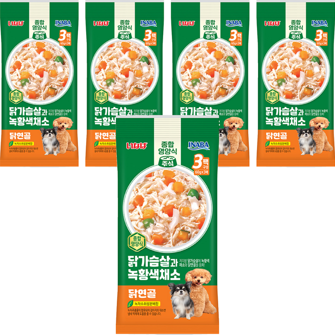 이나바 강아지 녹황색 파우치 QDR-144, 혼합맛(닭가슴살/채소/닭연골), 180g, 5개