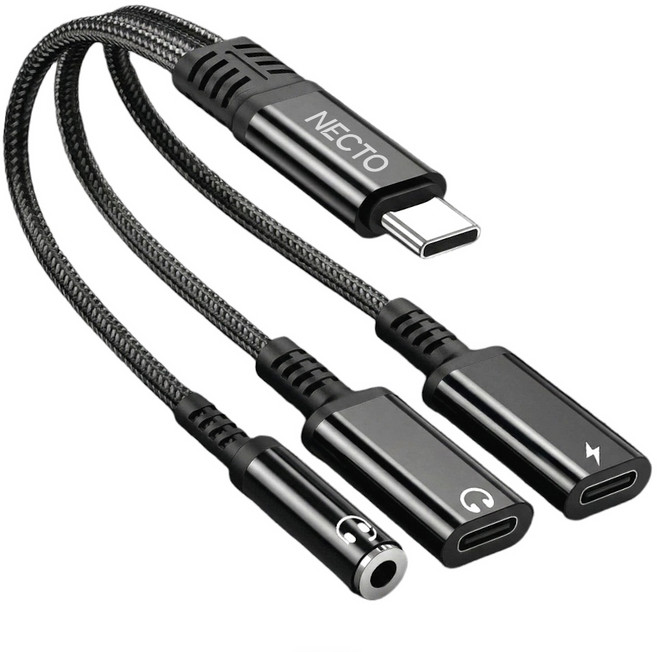 넥토 C타입 이어폰 PD 60W 충전 동시 변환젠더 듀얼C+3.5mm, 1개, 블랙, 13cm