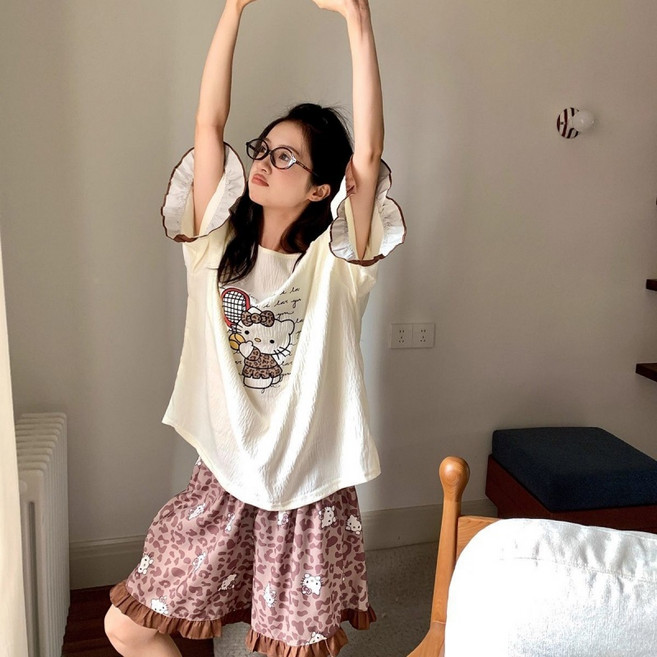 다이슝 귀여운 키티 레오파드 프린트 여름 스위트 오프숄더 반팔 잠옷 세트 홈웨어