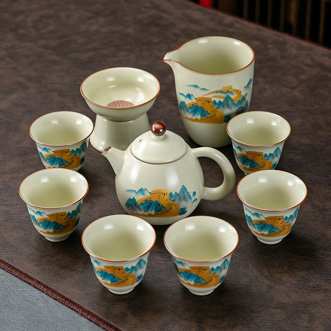 功夫茶具套裝 汝窯龍旦壺 風鈴杯 陶瓷泡茶壺, 汝窯米黃10頭龍旦壺風鈴杯萬里長城茶具, 默認, 1個