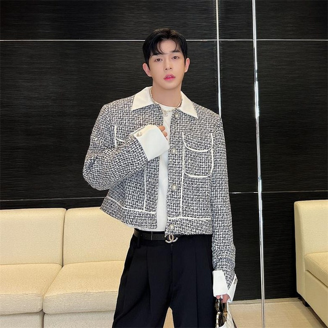 남성 트위드재킷 숏재킷 봄 가을 배색카라 소매 긴팔 투포켓 고급스러운 클래식 데일리