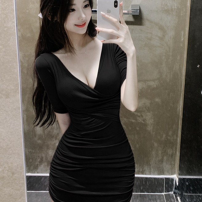 러아카 브이넥 섹시 셔링 슬림 미니 원피스