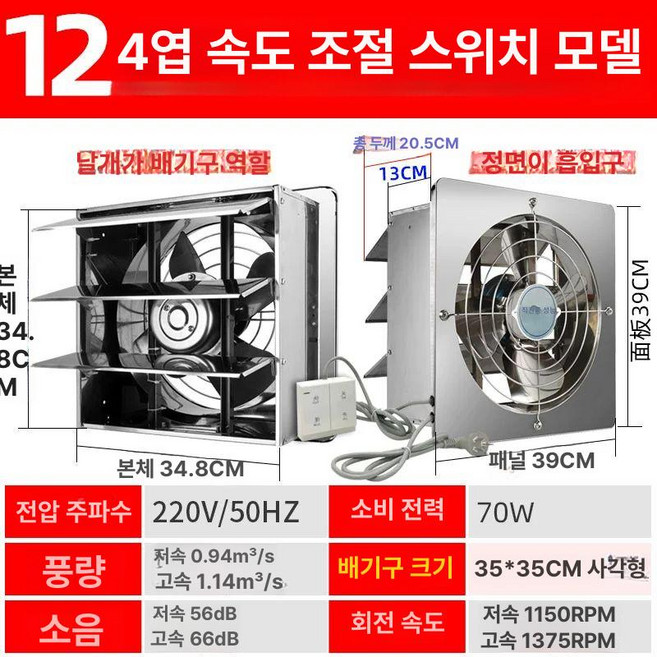 환풍기 스테인레스 배기팬 저소음 산업용 보트 스테인리스, 12인치 조절 스위치