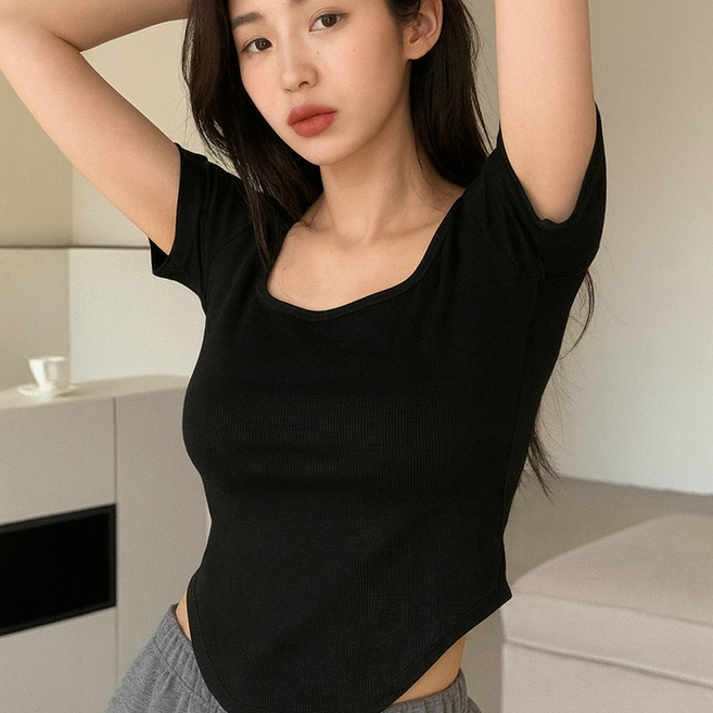 하우박 꾸안꾸 스퀘어넥 허리잘록 밑단굴림 슬림핏 반팔티셔츠