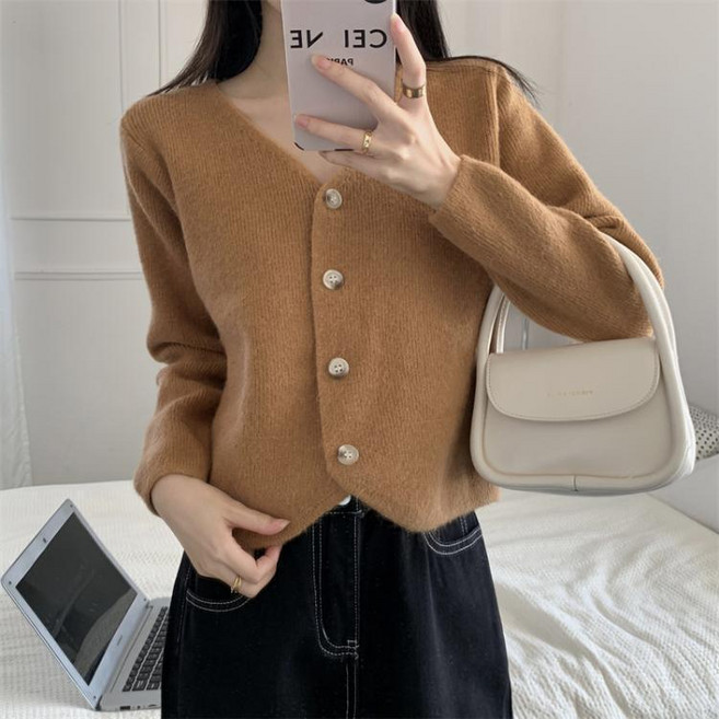 데일리픽쳐 여성용 크롭 긴팔 브이넥 니트 가디건