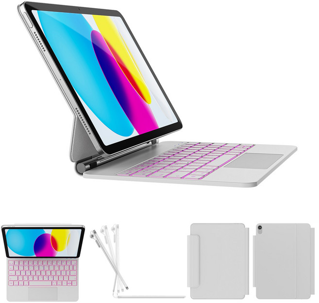 한국형 매직 키보드 아이패드 10세대 / 아이패드 11세대 (A16)용 11색 백라이트 키+트랙패드 방오염 가죽, 화이트, 1개