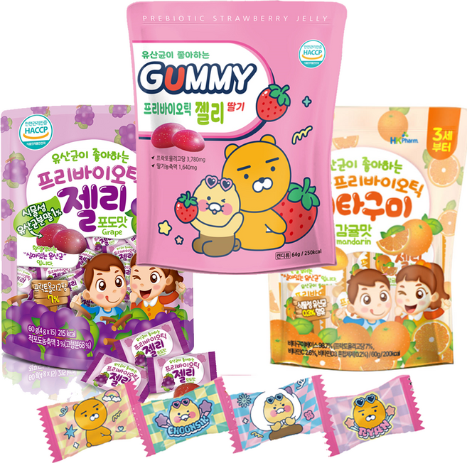 카카오 프로바이오틱 유산균 젤리 15정 딸기 포도 감귤 3가지맛, 1세트, 180g