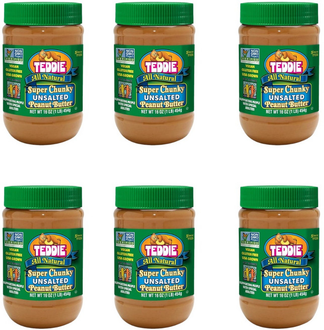테디 피넛버터 무설탕 땅콩버터 글루텐프리 비건 스무스 454g 6개 팩 슈퍼 청키 무염, 1개
