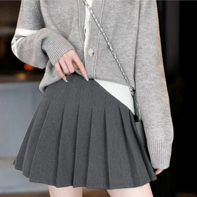 티레오 여성용 치마 플리츠 스커트 A라인 울 하이웨스트 미니스커트 허리 밴딩 가을 겨울
