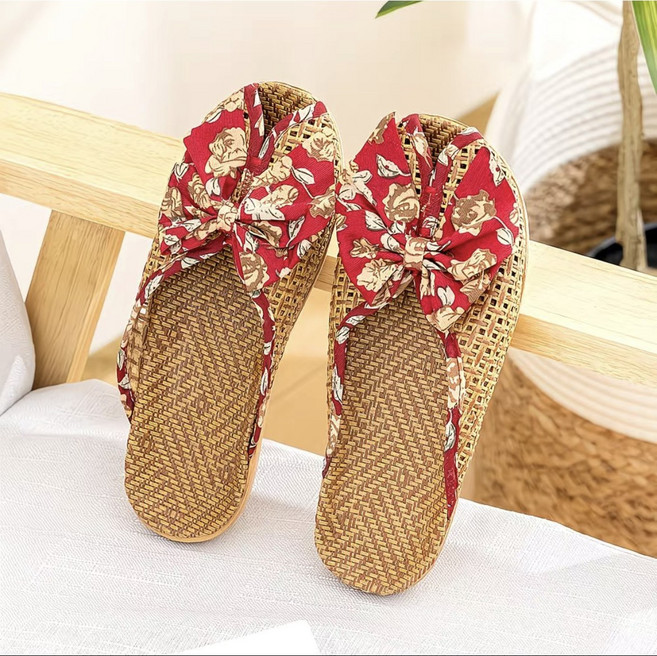 여름 라탄 플라워 슬리퍼 여성 홈 데일리 실내 외 편한 층간소음 방지 실내슬리퍼, 레드플라워, 1개