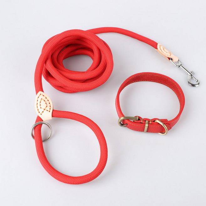 모즈펫 강아지 가죽목줄+리드줄, 1세트, 베이직 레드