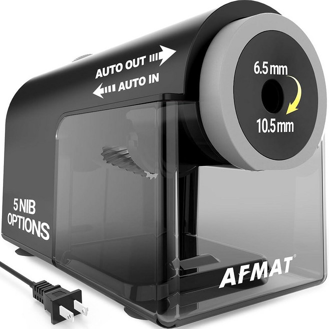 AFMAT 매트 전동 연필깎이 6.5-10.5mm No.2/점보/색연필용 완전 자동 입력 및 출력 5가지 선명도 모드 교실 홈 오피스용 PSC5(120V) 125448, 블랙