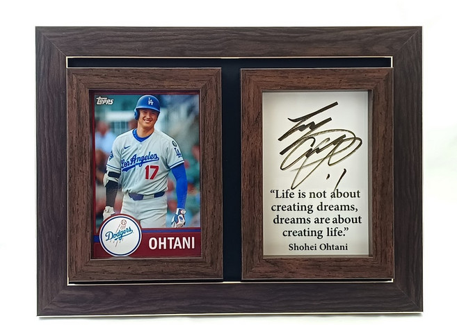 쇼헤이 오타니 명언 액자 (LA 다저스 유니폼 사진 + 인용문 인쇄), 1개, 브라운