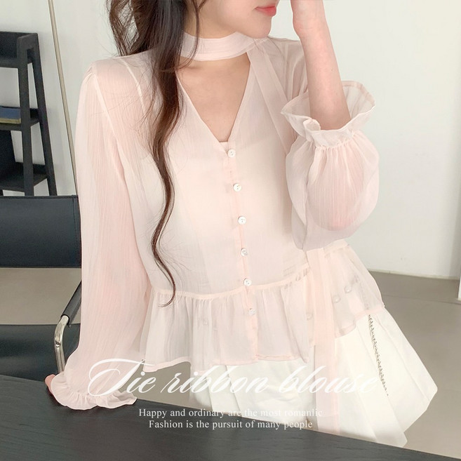 [순이] S.여성 타이 리본 시스루 셔링 블라우스