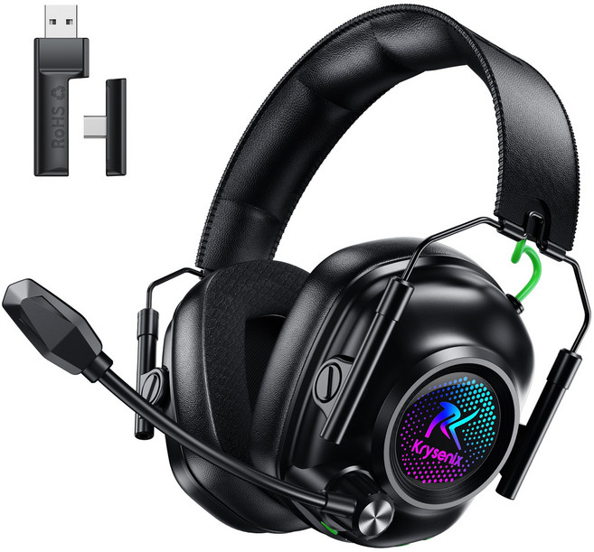 Krysenix 무선 게이밍 헤드셋 초경량 가상 7.1채널 2.4GHz 저지연 3D 사운드 노이즈 캔슬링 마이크 RGB 블루투스 6.0, 블랙, KGH2