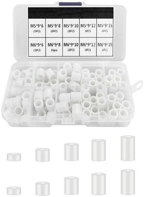 ABS 원형 와셔 조립품 절연 와셔 키트 나일론 나사 와셔 조립품 플라스틱 비나사형 스트럿 지지 와셔 나사용 여러 크기 보관 케이스 포함, 흰색 - M5.M6 - 98개, 1개