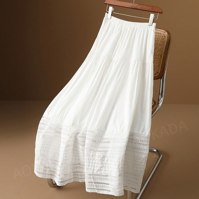 AOKADA 레이스 플레어 롱 스커트 메쉬 셔링 자수 치마