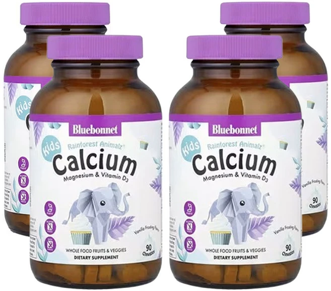 블루보넷 뉴트리션 레인포레스트 에니멀 칼슘 마그네슘 및 비타민D3 천연 바닐라 프로스팅 맛 동물 모양 츄어블 90정, 4개 - 쿠팡