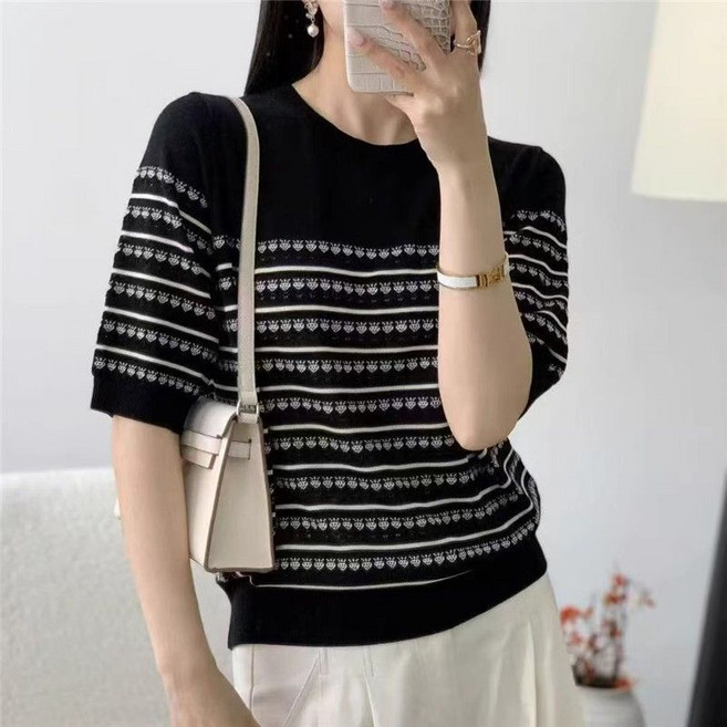 라오농 여성용 봄 여름 빅사이즈 일자넥 오프숄더 니트 반팔 티셔츠 KAJ04J