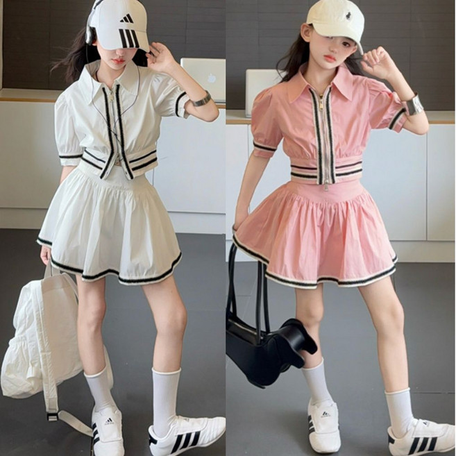 최신상 여아 스쿨룩 투피스 반팔 카라 배색 스트라이프 주니어 세트 초등학생 데일리 키즈 캐주얼 등원룩