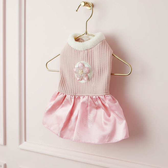 로미엄 국내제조 강아지옷 프리미엄 겨울 한복 명절 누빔, 1개, 핑크-치마