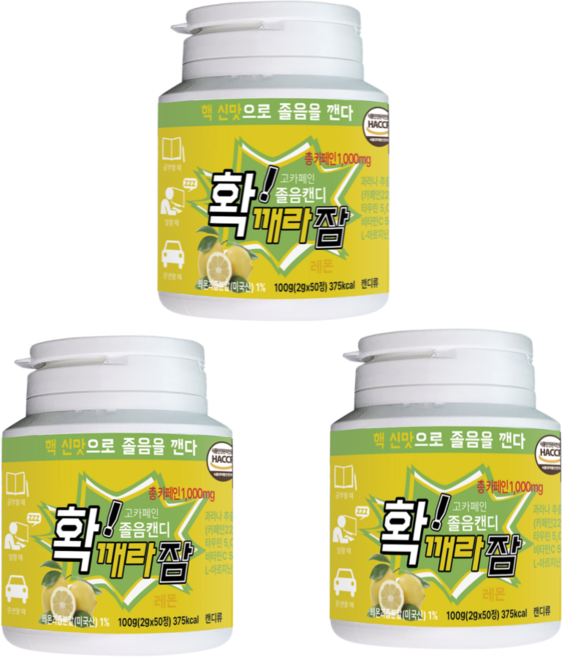 확깨라잠 비타민 졸음캔디 츄어블 50정 레몬맛 졸음사탕 졸음방지 졸음번쩍 사탕 수험생필수품, 3개, 100g