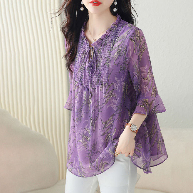 중년 여성 여름 쉬폰 셔츠 빅사이즈 루즈핏 중장년 쉬폰 블라우스 패션 엄마 7부 소매 티셔츠 YCY