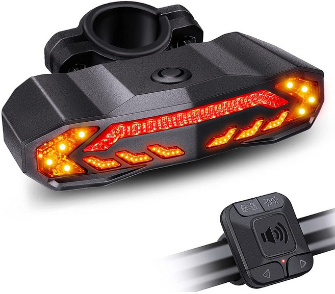 회전 신호가있는 스마트 자전거 테일 라이트 무선 원격 제어 자전거 경적 알람 USB 충전식, 검은 색, 1개