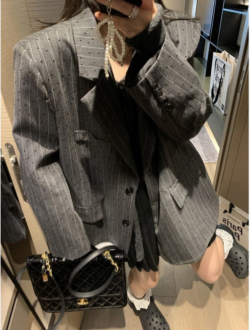 해피유통 여성 도트 스트라이프 정장 코트 캐주얼 루즈핏 빈티지 정장jh lmy