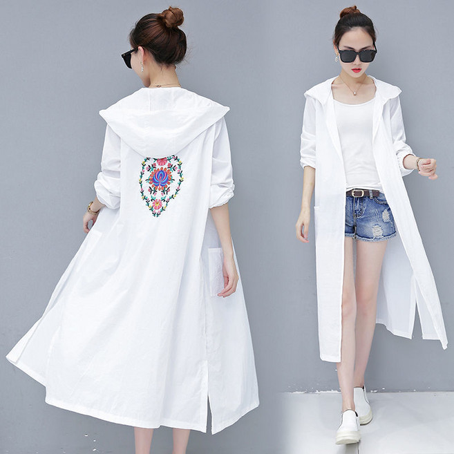 셀럽당 후드 자외선 차단복 여중 롱 봄여름 얇은 트렌치코트 자수 플라워 루즈핏 자외선 차단복
