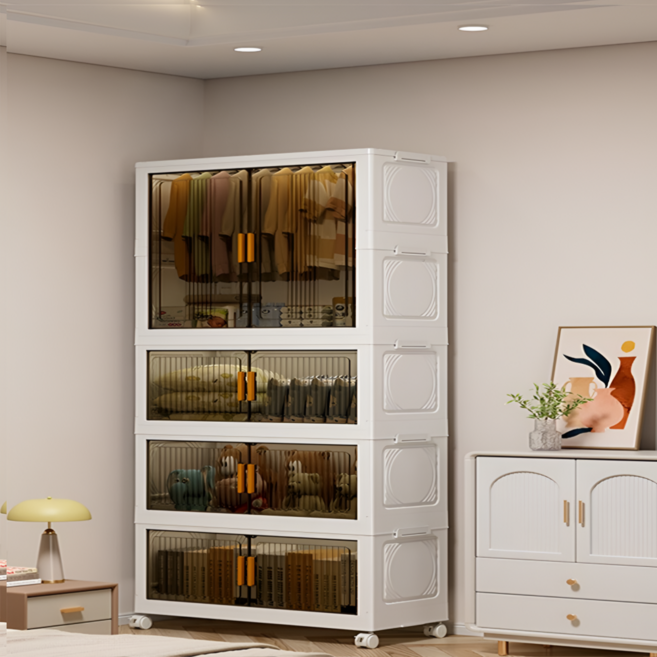 리빙투 다용도 리빙박스 대용량 접이식 수납장 옷장 정리함, 패턴 반투명 화이트, 1세트