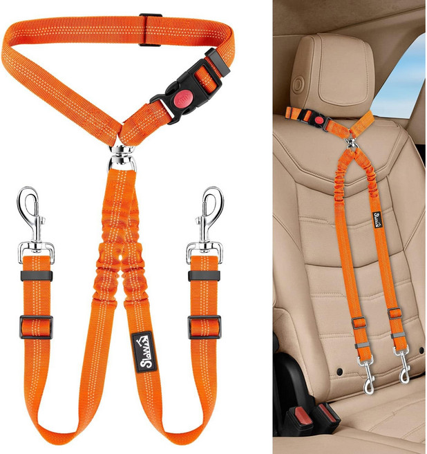 강아지 차량용 안전벨트 2마리 동시사용 듀얼 안전벨트 길이조절 충격흡수, 1개, 주황색