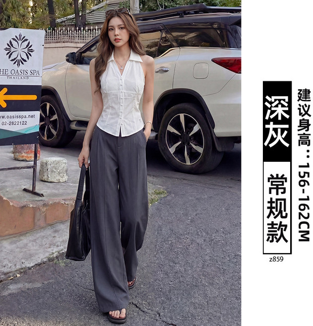 白色闊腿褲 亞麻材質 高腰設計 垂感寬鬆 休閒直筒褲 夏季薄款 舒適透氣 老錢風 西裝褲
