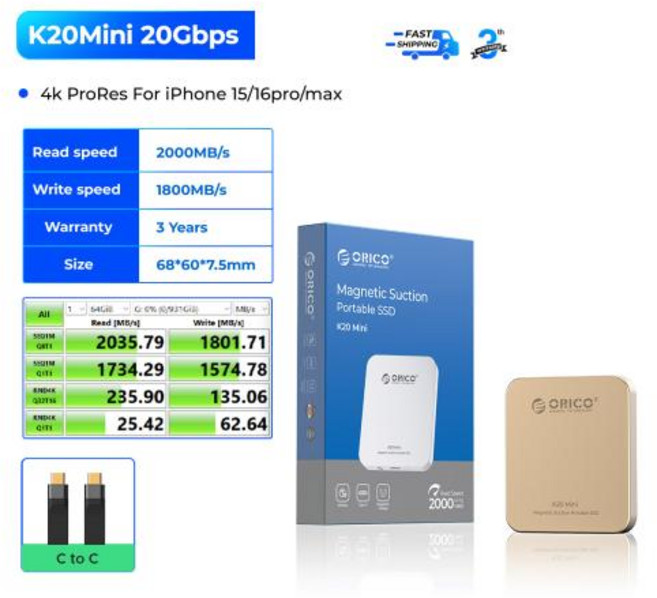 ORICO K20Mini 마그네틱 외장 SSD 아이폰 17 16 프로/맥스 프로레스 2000MB/s 4K HDR 녹화 및 저장 휴대용 솔리드 스테이트, 4)2TB, Ultra Thin Gold