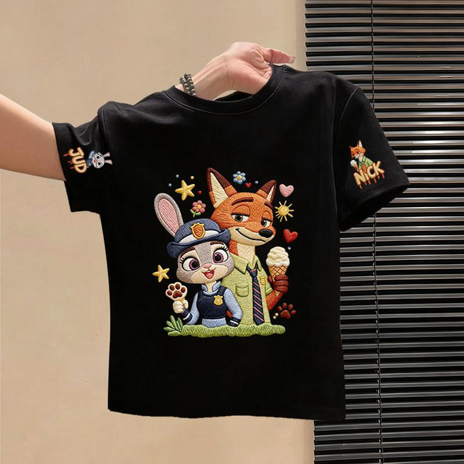 주토피아 반팔 티셔츠 캐릭터 순면 남아 여아 봄 어린이 키즈 주디 닉, 1개, 블랙 프린트 (스타일 1)