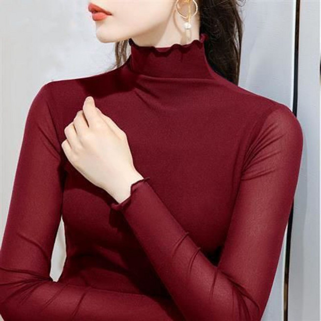 봄 가을 여성 반폴라 긴팔티 빅사이즈 스판 망사 목폴라티 반목 이너티 캐주얼 여자 긴팔 티셔츠 YJW