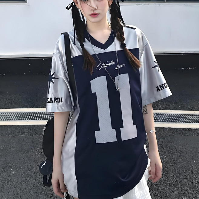 여성 매쉬 저지 오버핏 반팔티 럭비 풋볼 사커 유니폼 방송 댄스복 힙합 y2k