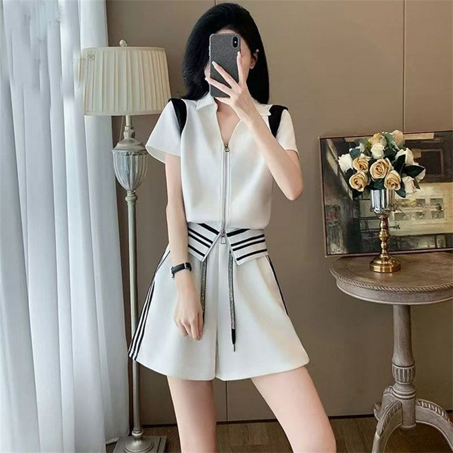 여성투피스 여성세트 반팔티 + 스커트 지퍼 집업 라인 반바지 데일리 캐주얼 스포티 여름 투피스 세트 JTN26040631 46